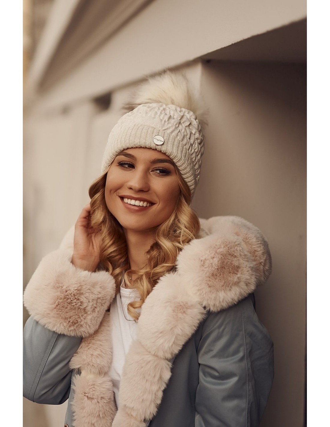 Ruffled hat with glitter and pompom, beige C59 - Online store - Boutique